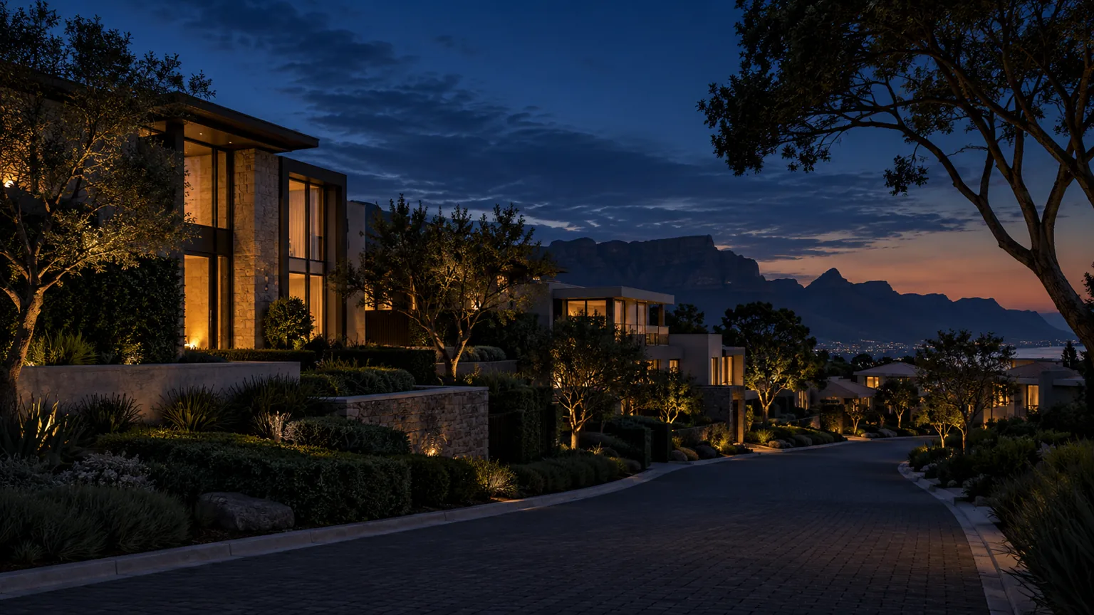 Executive hillside estate at dusk with warm interior lighting