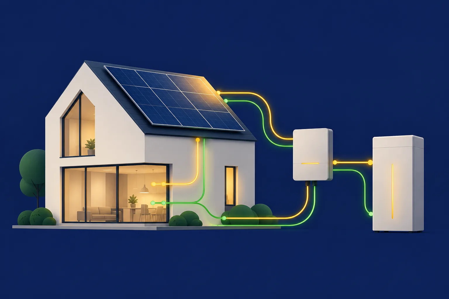 Illustration of energy flow from solar array through inverter and battery to the home and grid